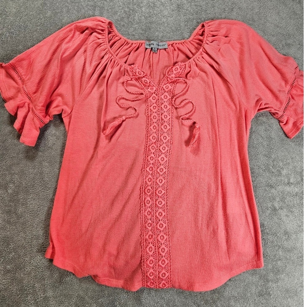Coral Pink Crochet Peasant Blouse Tassel Ruffle Sleeve L western boho festival